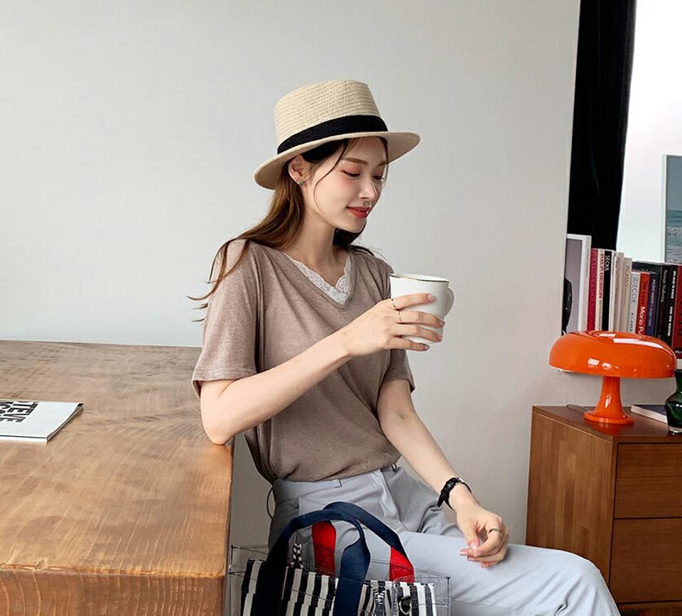 リネン混レース配色Tシャツ・全3色・b69208 レディース 【tops】 トップス Tシャツ 半袖 レース リネン 配色 大人 かわいい 可愛い スカラップ 春 夏 韓国 ファッション ハイホリHIHOLLI