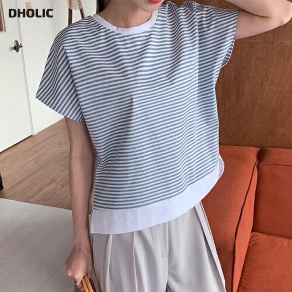 ボーダー配色Tシャツ・全3色・b69176 レディース 【tops】 トップス Tシャツ 半袖 ボーダー柄 配色 カジュアル 大人 ラフ コントラスト 春 夏 韓国 ファッション ハイホリHIHOLLI