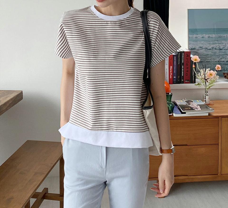 ボーダー配色Tシャツ・全3色・b69176 レディース 【tops】 トップス Tシャツ 半袖 ボーダー柄 配色 カジュアル 大人 ラフ コントラスト 春 夏 韓国 ファッション ハイホリHIHOLLI