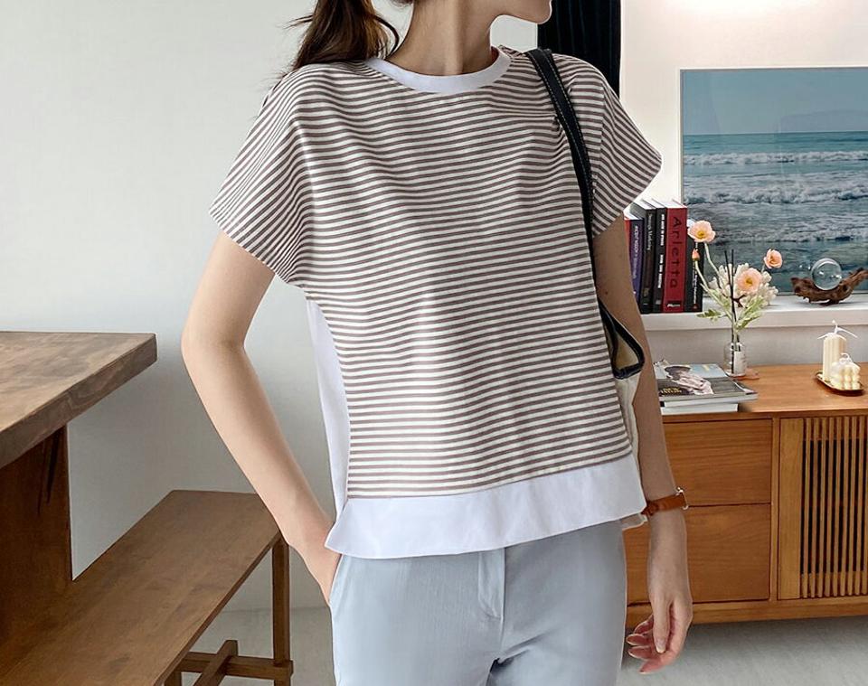 ボーダー配色Tシャツ・全3色・b69176 レディース 【tops】 トップス Tシャツ 半袖 ボーダー柄 配色 カジュアル 大人 ラフ コントラスト 春 夏 韓国 ファッション ハイホリHIHOLLI