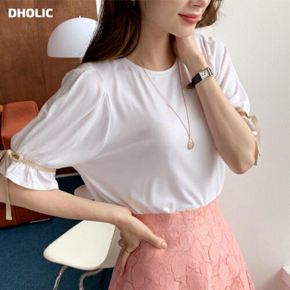 リボンラウンドネックTシャツ・全4色・t69172 レディース 【tops】 トップス Tシャツ 半袖 ハーフスリーブ りぼん ラウンドネック シンプル 可愛い かわいい パフスリーブ パフ袖 春 夏 韓国 ファッション ハイホリHIHOLLI