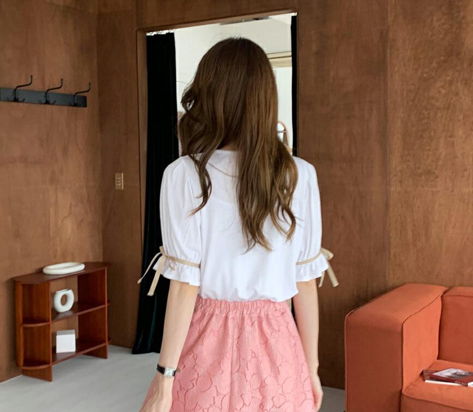 リボンラウンドネックTシャツ・全4色・t69172 レディース 【tops】 トップス Tシャツ 半袖 ハーフスリーブ りぼん ラウンドネック シンプル 可愛い かわいい パフスリーブ パフ袖 春 夏 韓国 ファッション ハイホリHIHOLLI