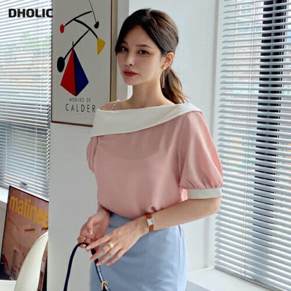 フェイクパール付配色ワンショルブラウス・全3色・t69211 レディース 【bl】 トップス ブラウス ワンショルダー 半袖 肩見せ パール 大人 可愛い かわいい 春 夏 韓国 ファッション ハイホリHIHOLLI