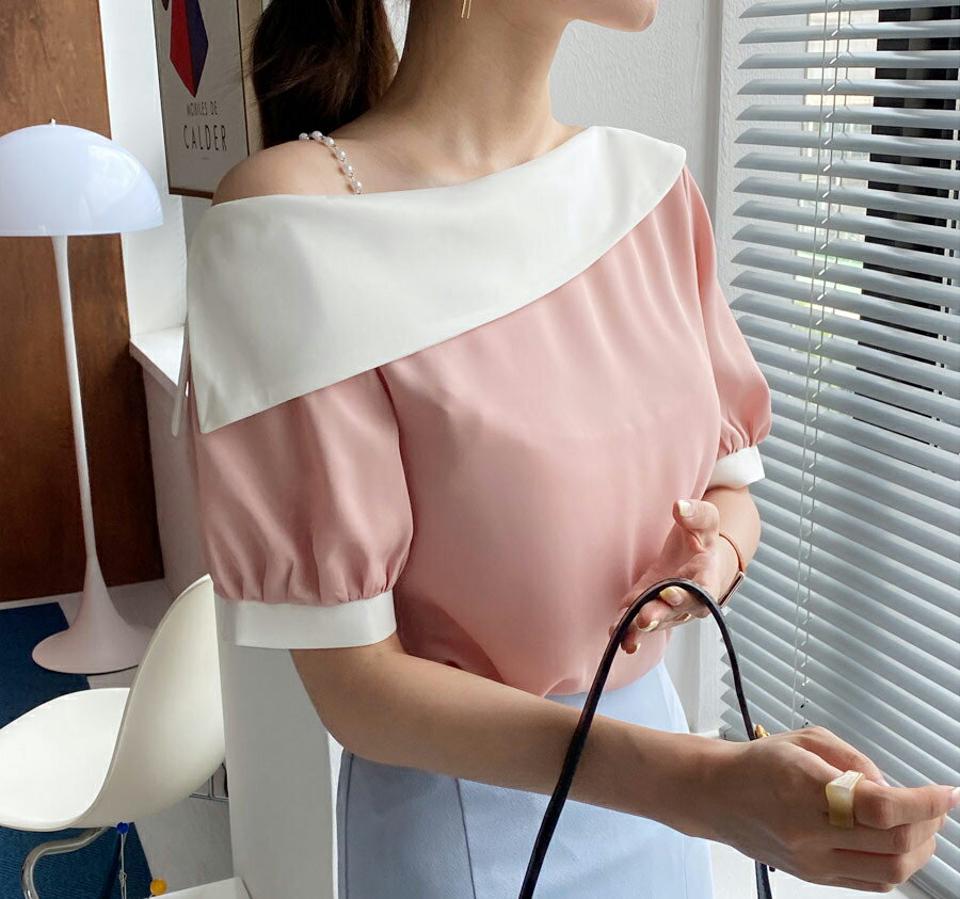 フェイクパール付配色ワンショルブラウス・全3色・t69211 レディース 【bl】 トップス ブラウス ワンショルダー 半袖 肩見せ パール 大人 可愛い かわいい 春 夏 韓国 ファッション ハイホリHIHOLLI