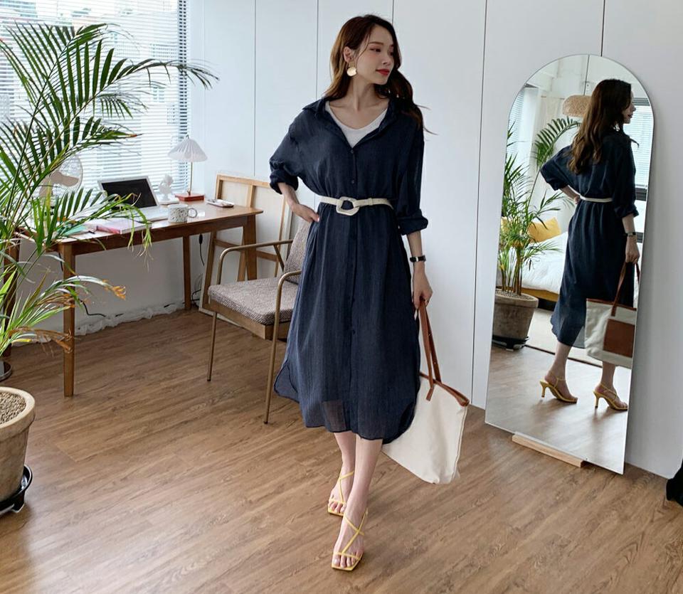 カラーネックロングシャツ・全5色・t69185 レディース 【bl】 トップス シャツ ロングシャツ 単色 無地 シンプル カジュアル ラフ 長袖 春 秋 韓国 ファッション ハイホリHIHOLLI