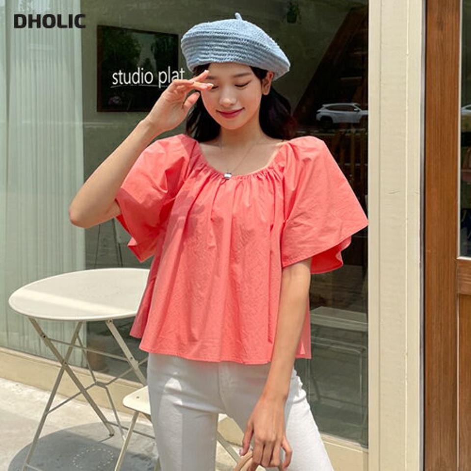 フレアギャザーブラウス・全3色・b00186 レディース 【bl】 トップス ブラウス 半袖 ハーフスリーブ ギャザー フレア 単色 アンバランス フェミニン シンプル 可愛い かわいい ボリューム袖 春 夏 韓国 ファッション NIJU