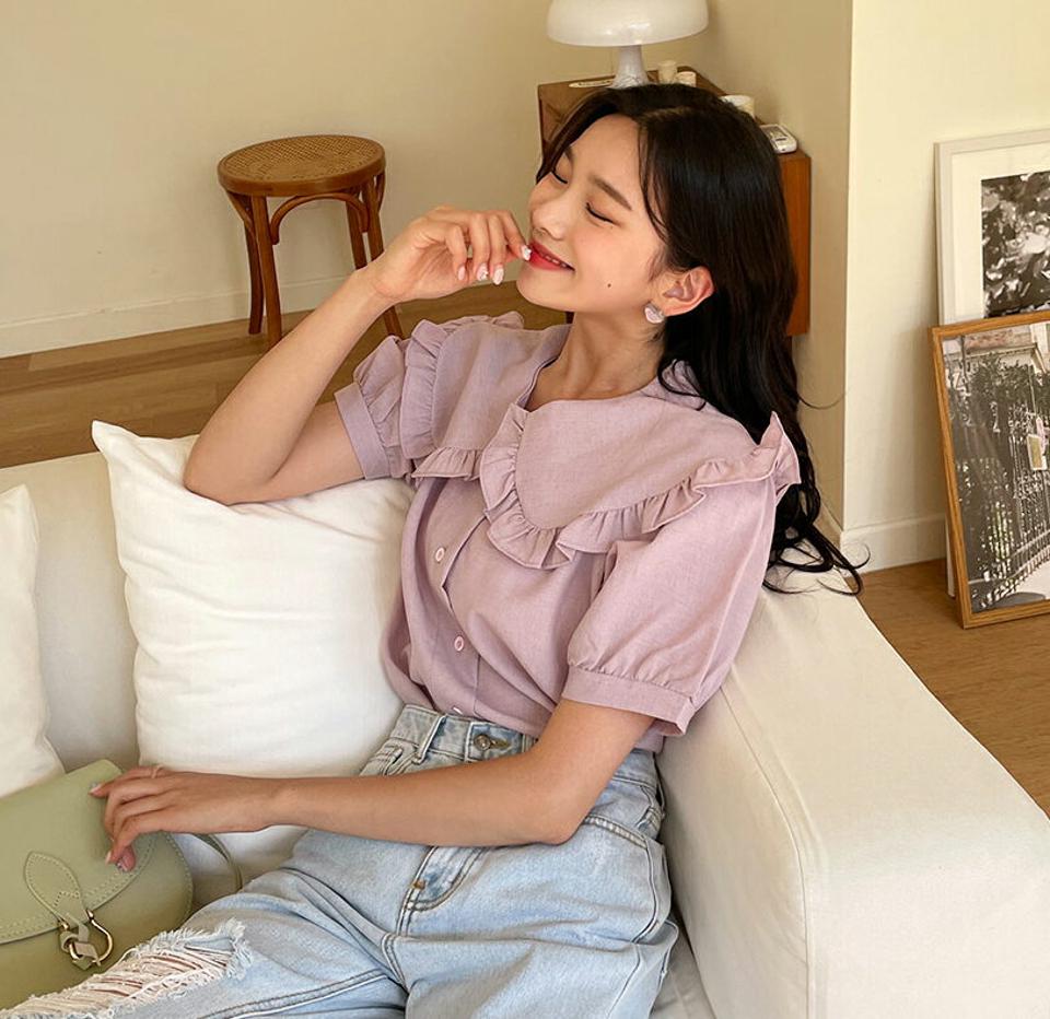 フリルカラーブラウス・全4色・t00187 レディース 【bl】 トップス ブラウス フリル フリルカラー 襟コンシャス 半袖 ハーフスリーブ フェミニン 可愛い かわいい 春 夏 韓国 ファッション NIJU