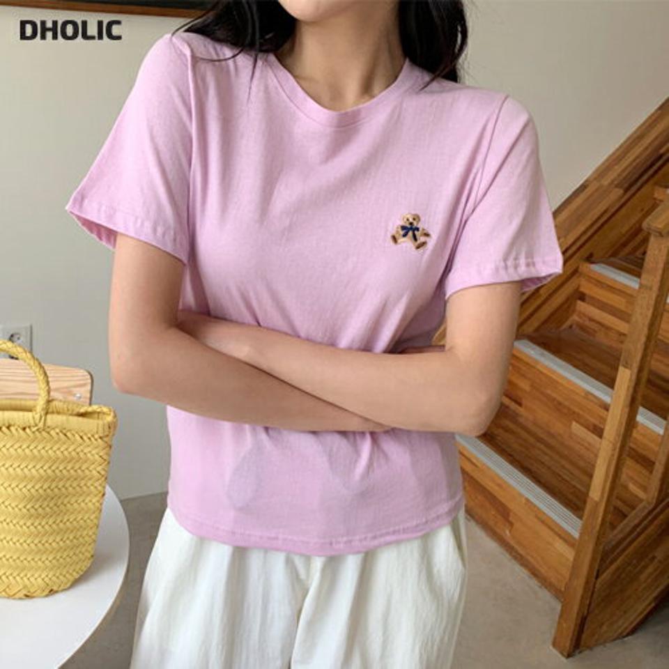 ベア刺繍ラウンドTシャツ・全4色・t00185 レディース 【tops】 トップス Tシャツ 半袖 クマ くま 刺繍 シンプル カジュアル 可愛い かわいい 春 夏 韓国 ファッション NIJU