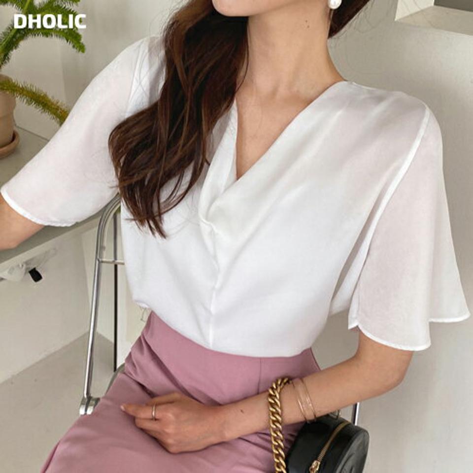 ツイストシフォンブラウス・全4色・t64174 レディース 【bl】 トップス ブラウス 半袖 ハーフスリーブ フェミニン オフィスカジュアル ツイスト きれいめ 上品 Vネック 大人 春 夏 韓国 ファッション