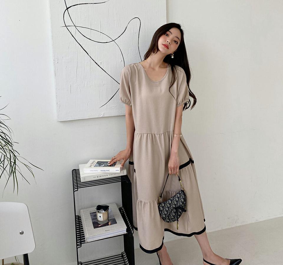 配色ティアードワンピース・全2色・b64180 レディース 【ops】 ワンピース ロング 半袖 ティアード 配色 シック 大人 アンバランス カジュアル フレア 春 夏 韓国 ファッション