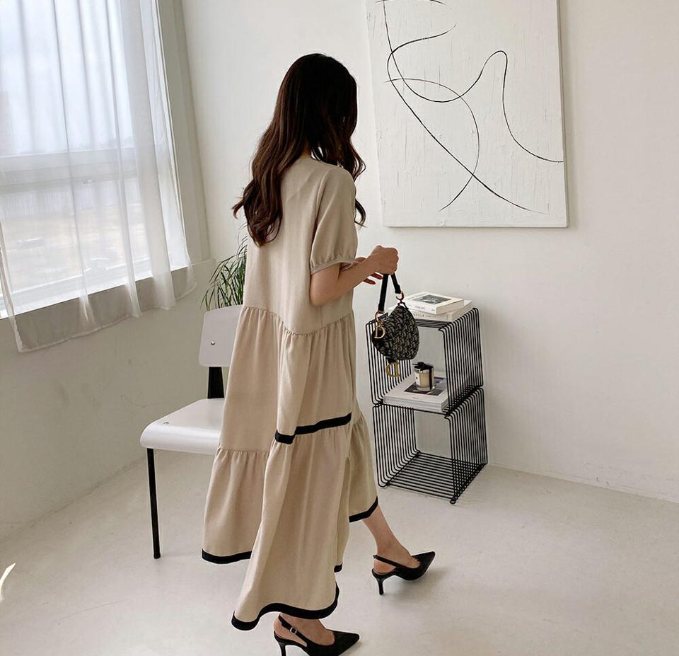 配色ティアードワンピース・全2色・b64180 レディース 【ops】 ワンピース ロング 半袖 ティアード 配色 シック 大人 アンバランス カジュアル フレア 春 夏 韓国 ファッション