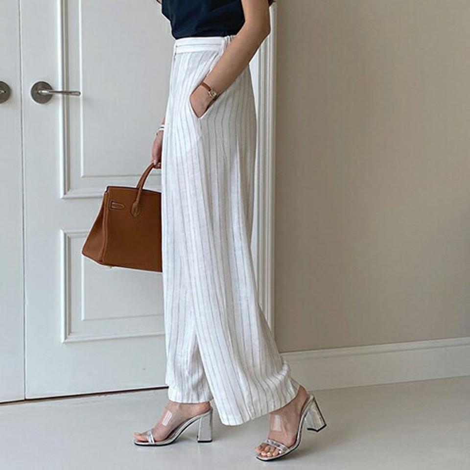 ストライプストレートパンツ・全2色・t00070 レディース 【pt】 パンツ ズボン ロングパンツ ストレート ストライプ柄 爽やか 大人 カジュアル リネン 春 夏 韓国 ファッション ハイホリHIHOLLI