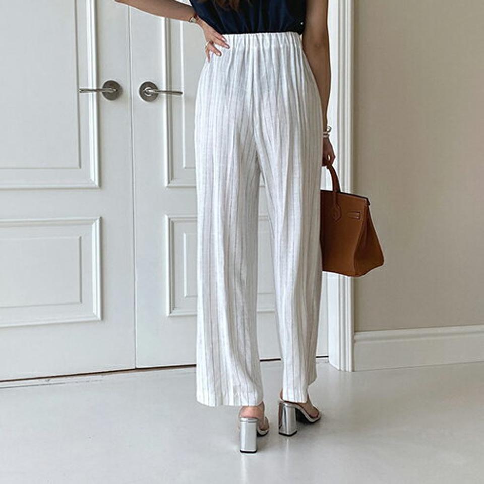 ストライプストレートパンツ・全2色・t00070 レディース 【pt】 パンツ ズボン ロングパンツ ストレート ストライプ柄 爽やか 大人 カジュアル リネン 春 夏 韓国 ファッション ハイホリHIHOLLI
