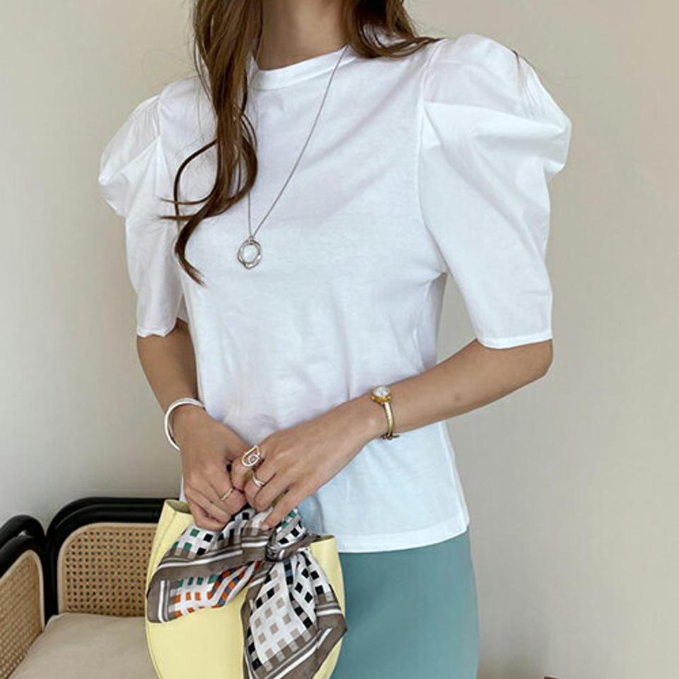 ラウンドパフスリーブTシャツ・全2色・t00085 レディース 【tops】 トップス Tシャツ 半袖 ハーフスリーブ パフ袖 パフスリーブ 単色 無地 シンプル 可愛い かわいい 大人 春 夏 韓国 ファッション ハイホリHIHOLLI