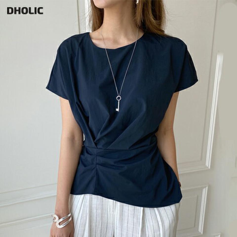 ラウンドタックブラウス・全4色・b00086 レディース 【bl】 トップス ブラウス 半袖 ショートスリーブ 単色 無地 シンプル 大人 タック ウエストマーク きれいめ 春 夏 韓国 ファッション ハイホリHIHOLLI