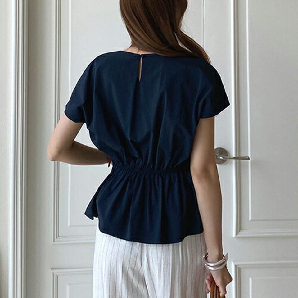ラウンドタックブラウス・全4色・b00086 レディース 【bl】 トップス ブラウス 半袖 ショートスリーブ 単色 無地 シンプル 大人 タック ウエストマーク きれいめ 春 夏 韓国 ファッション ハイホリHIHOLLI