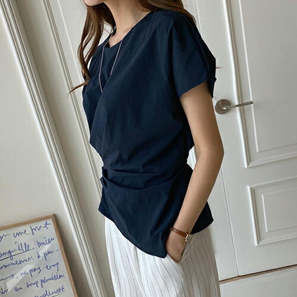 ラウンドタックブラウス・全4色・b00086 レディース 【bl】 トップス ブラウス 半袖 ショートスリーブ 単色 無地 シンプル 大人 タック ウエストマーク きれいめ 春 夏 韓国 ファッション ハイホリHIHOLLI