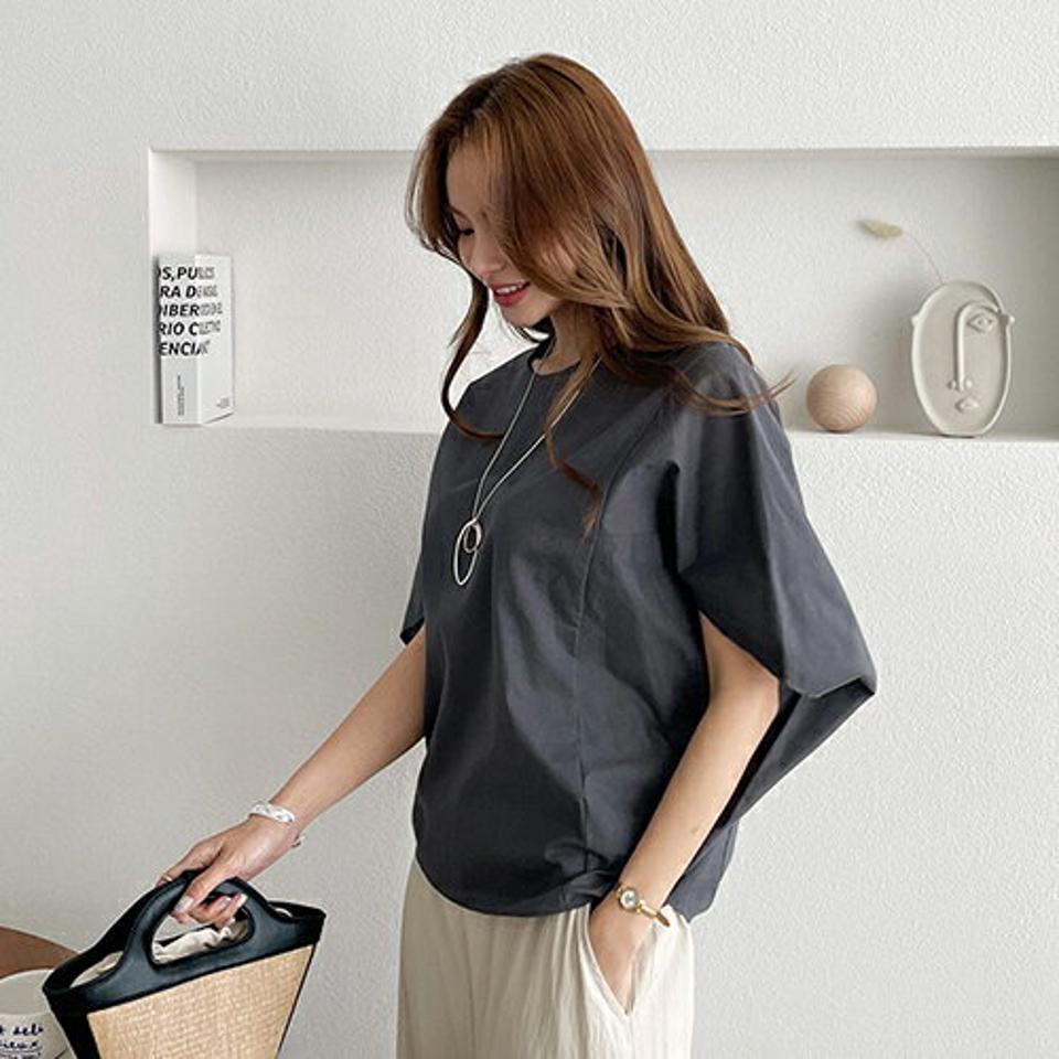 コットンドルマンブラウス・全3色・t00084 レディース 【bl】 トップス ブラウス ドルマンスリーブ 単色 無地 シンプル 大人 シック ルーズ ゆったり 半袖 ハーフスリーブ 半端丈 春 夏 秋 韓国 ファッション ハイホリHIHOLLI