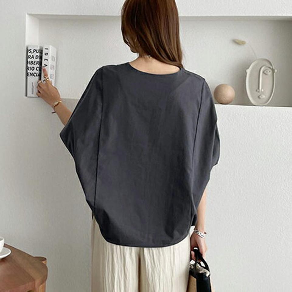 コットンドルマンブラウス・全3色・t00084 レディース 【bl】 トップス ブラウス ドルマンスリーブ 単色 無地 シンプル 大人 シック ルーズ ゆったり 半袖 ハーフスリーブ 半端丈 春 夏 秋 韓国 ファッション ハイホリHIHOLLI