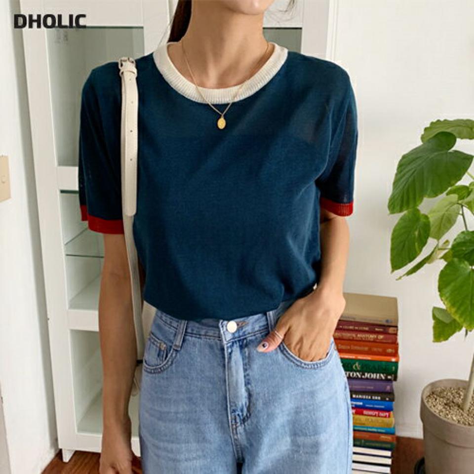≪人気商品再入荷≫配色ライン半袖ニット・全3色・b57676 レディース 【tops】 トップス ニット ニットトップス 半袖 配色 シンプル カジュアル 春 夏 韓国ファッション