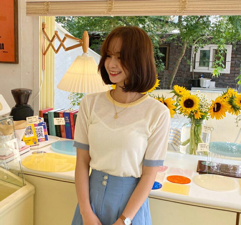 ≪人気商品再入荷≫配色ライン半袖ニット・全3色・b57676 レディース 【tops】 トップス ニット ニットトップス 半袖 配色 シンプル カジュアル 春 夏 韓国ファッション