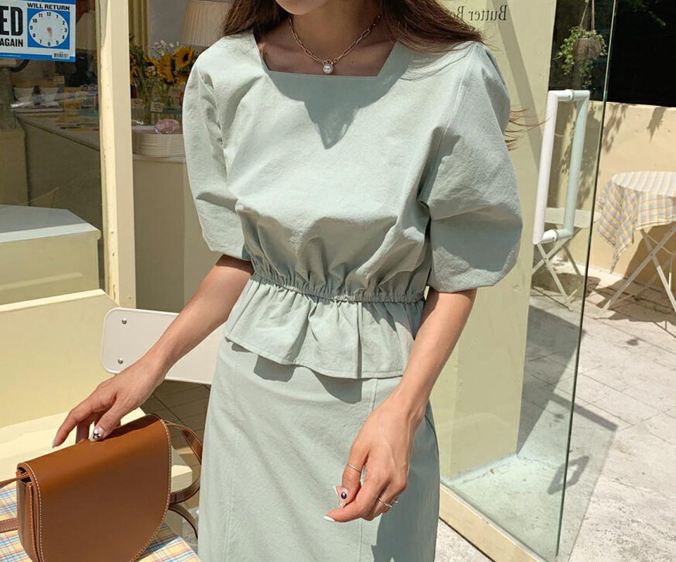 ステッチスクエアブラウス・全3色・t57736 レディース 【bl】 トップス ブラウス 半袖 ハーフスリーブ ステッチ スクエアネック 単色 シンプル ウエストマーク かわいい 可愛い ガーリー 春 夏 韓国 ファッション