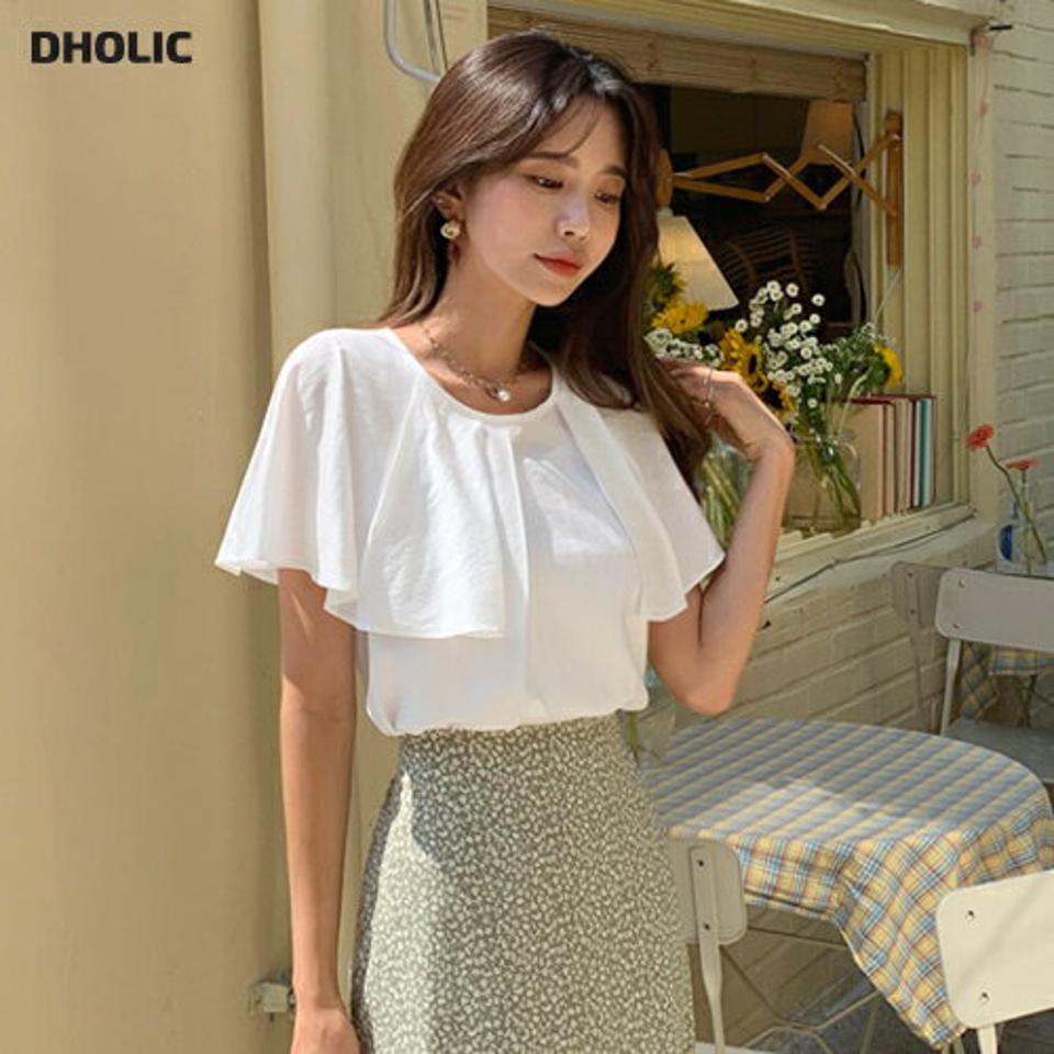 ネックフリルブラウス・全4色・b57706 レディース 【bl】 トップス ブラウス 半袖 フリル フェミニン 単色 シンプル 大人 春 夏 韓国 ファッション