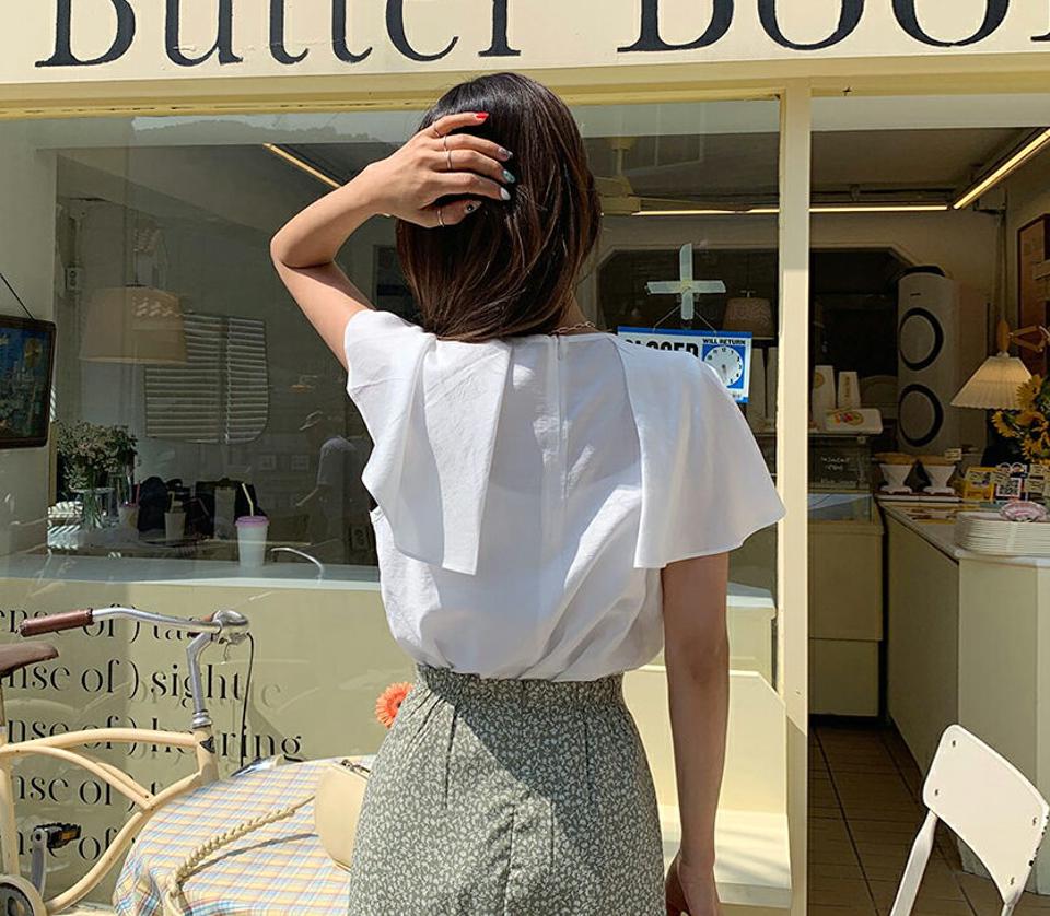 ネックフリルブラウス・全4色・b57706 レディース 【bl】 トップス ブラウス 半袖 フリル フェミニン 単色 シンプル 大人 春 夏 韓国 ファッション