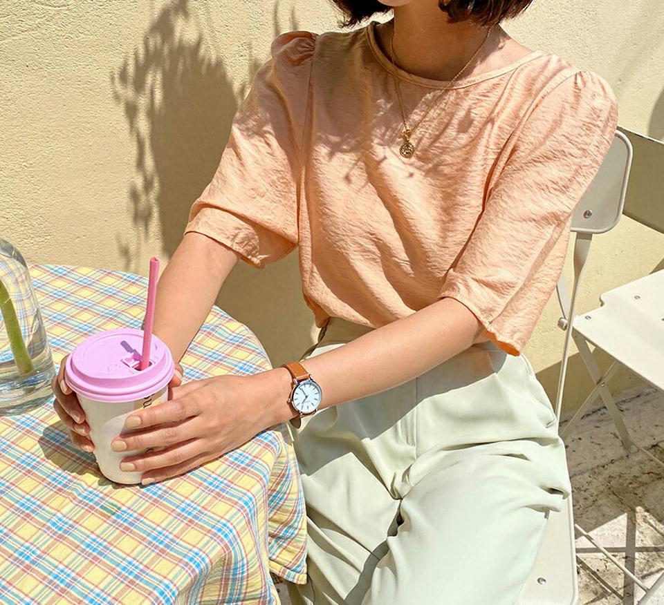 パフハーフスリーブブラウス・全5色・t57674 レディース 【bl】 トップス ブラウス 半袖 ハーフスリーブ パフ袖 パフスリーブ 単色 無地 シンプル 大人 フェミニン 春 夏 韓国ファッション