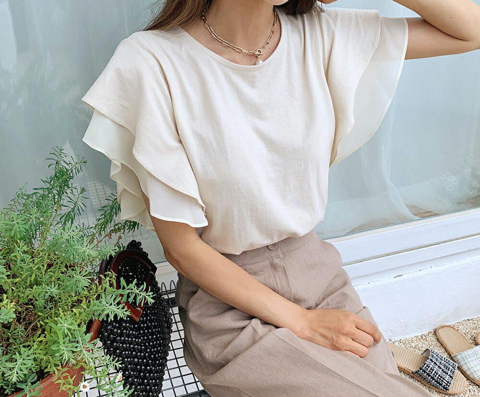 【タイム特価】フリルスリーブTシャツ・全4色・e57669 レディース 【tops】 トップス Tシャツ 半袖 フリル 単色 無地 シンプル フェミニン 可愛い かわいい ショートスリーブ 二の腕カバー 春 夏 韓国ファッション 【TS】セール
