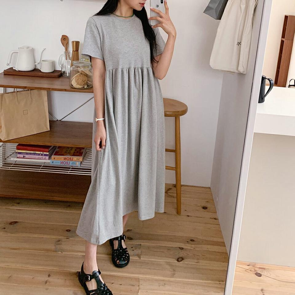 【タイム特価】ラウンドギャザーワンピース・全2色・t64441 レディース 【ops】 韓国 ファッション ワンピース ロングワンピース ロング丈 フレア Aライン 半袖 ハーフスリーブ Tシャツワンピース カットソーワンピース 無地 コットン100 カジュアル 夏 NIJU【TS】
