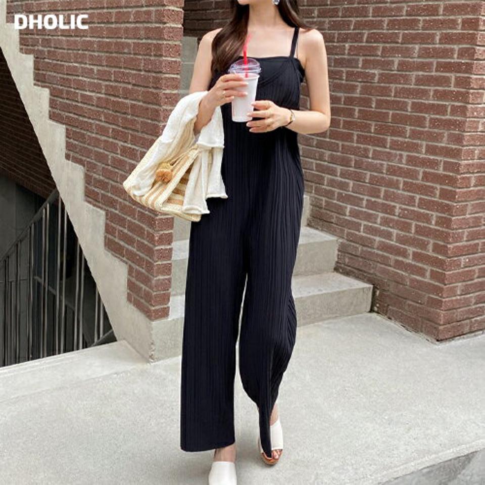 Vネックプリーツオールインワン・全2色・b69236 レディース 【pt】 オールインワン パンツ ズボン ロングパンツ Vネック プリーツ スリーブレス ノースリーブ 単色 無地 シンプル カジュアル 春 夏 韓国ファッション ハイホリHIHOLLI