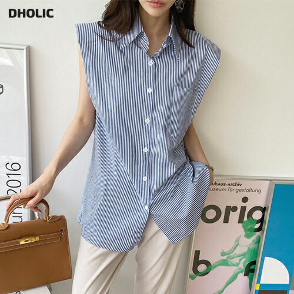 【全品10%OFF】ショルダーパッドストライプブラウス・全2色・b69229 レディース 【bl】【トップス ブラウス ストライプ柄 爽やか ショルダーパッド 肩パッド スリーブレス ノースリーブ 大人 春 夏 韓国 ファッション】【ハイホリHIHOLLI】