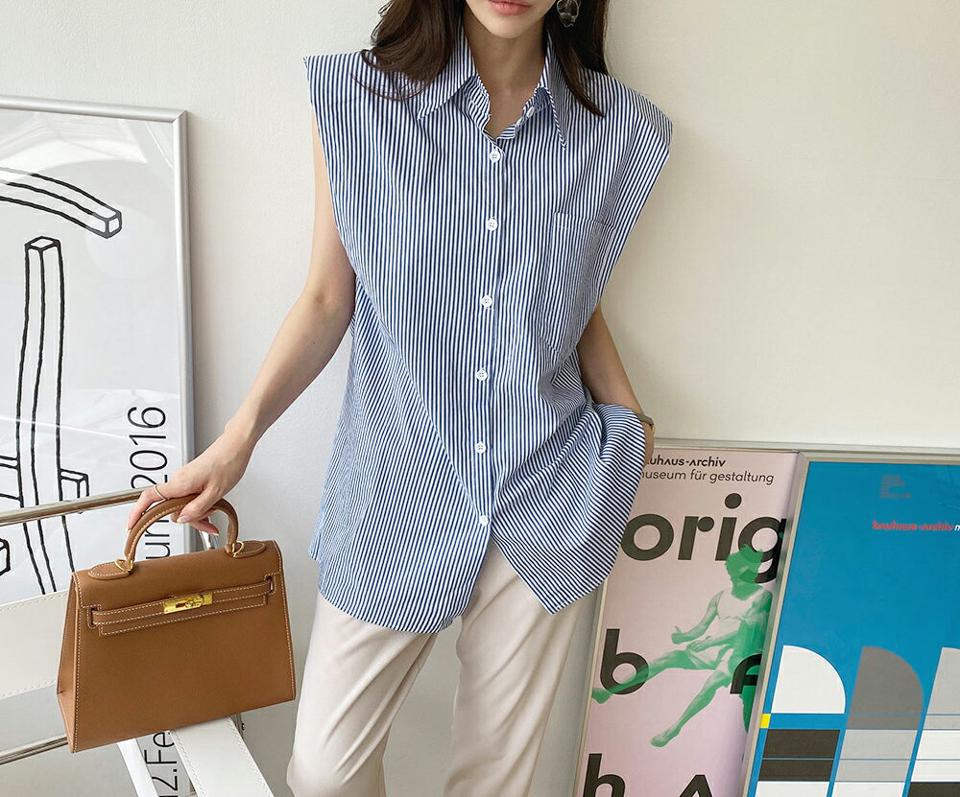 【全品10%OFF】ショルダーパッドストライプブラウス・全2色・b69229 レディース 【bl】【トップス ブラウス ストライプ柄 爽やか ショルダーパッド 肩パッド スリーブレス ノースリーブ 大人 春 夏 韓国 ファッション】【ハイホリHIHOLLI】