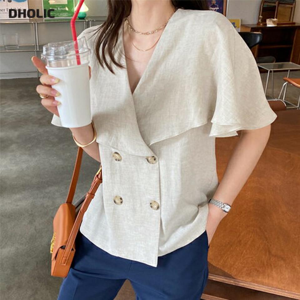 ケープダブルボタンブラウス・全3色・t69228 レディース 【bl】 トップス ブラウス 半袖 ケープ ナチュラル Vネック 大人 カジュアル 春 夏 韓国 ファッション ハイホリHIHOLLI