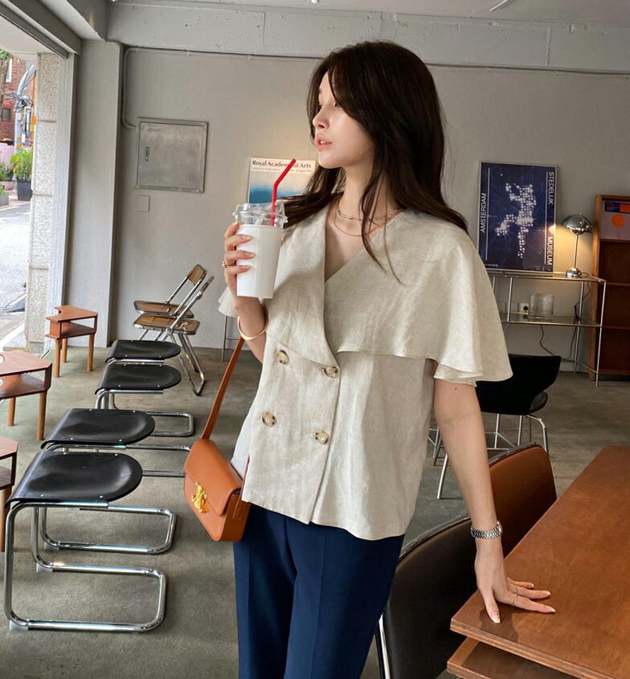 ケープダブルボタンブラウス・全3色・t69228 レディース 【bl】 トップス ブラウス 半袖 ケープ ナチュラル Vネック 大人 カジュアル 春 夏 韓国 ファッション ハイホリHIHOLLI