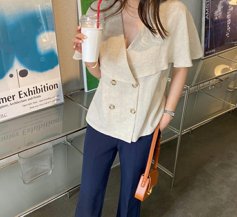 ケープダブルボタンブラウス・全3色・t69228 レディース 【bl】 トップス ブラウス 半袖 ケープ ナチュラル Vネック 大人 カジュアル 春 夏 韓国 ファッション ハイホリHIHOLLI