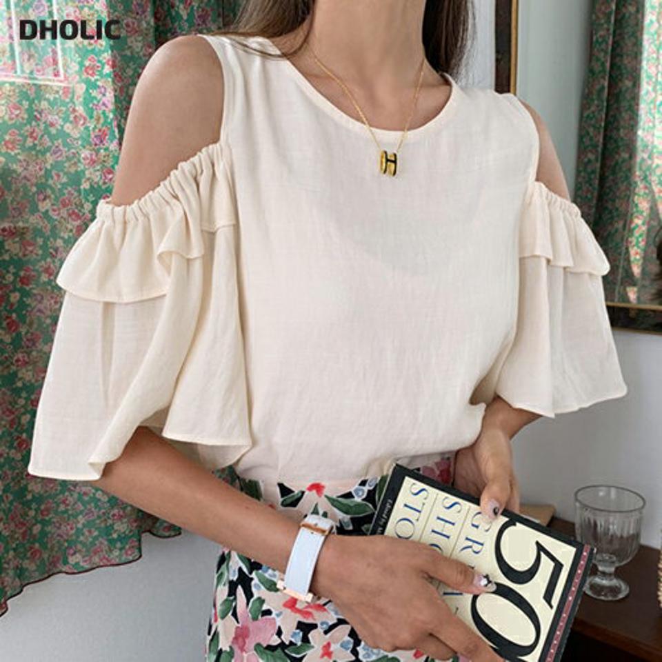 スリットフリルスリーブブラウス・全3色・b65600 レディース 【bl】 トップス ブラウス 半袖 ハーフスリーブ オープンスリーブ 肩見せ フリル スリット 単色 可愛い かわいい シンプル 春 夏 韓国 ファッション