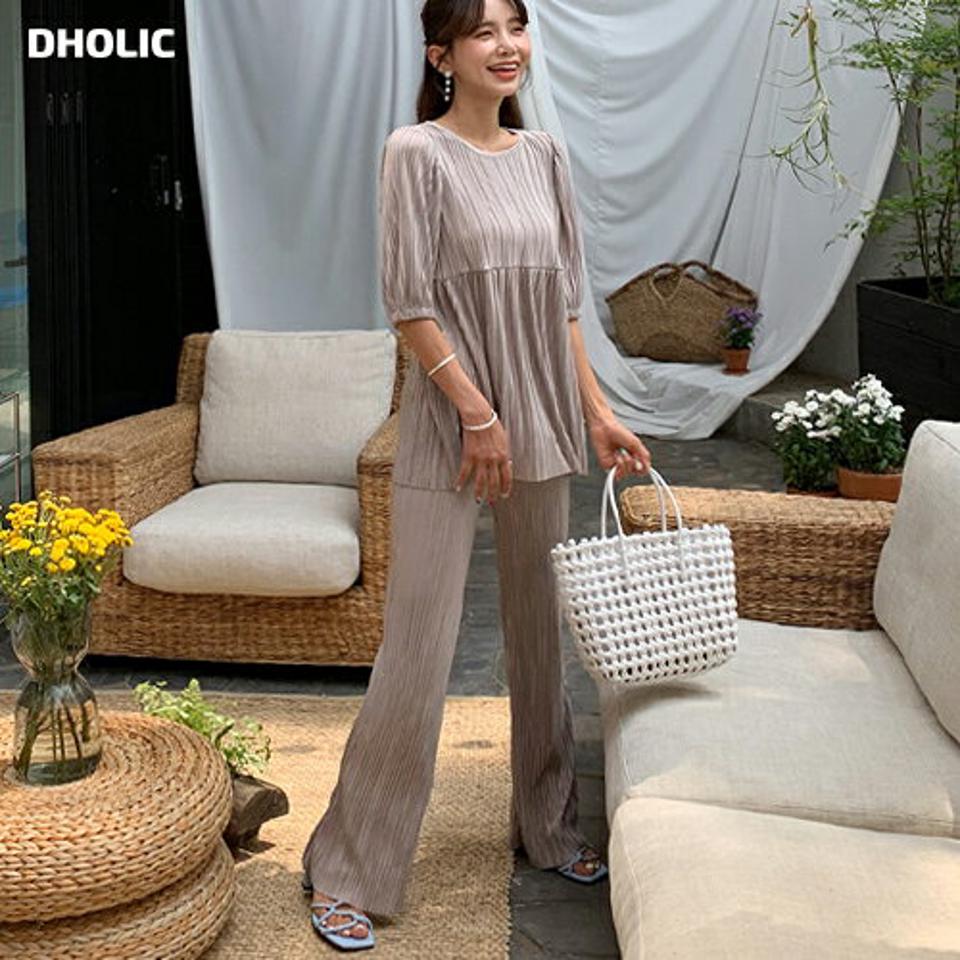 【全品10%OFF】リンクルフレアTシャツ＆パンツSET・全3色・t65609 レディース 【pt】【セットアップ setup トップス Tシャツ 半袖 ハーフスリーブ リンクル フレア パンツ ズボン ロングパンツ ウエストゴム 上品 春 夏 韓国 ファッション】