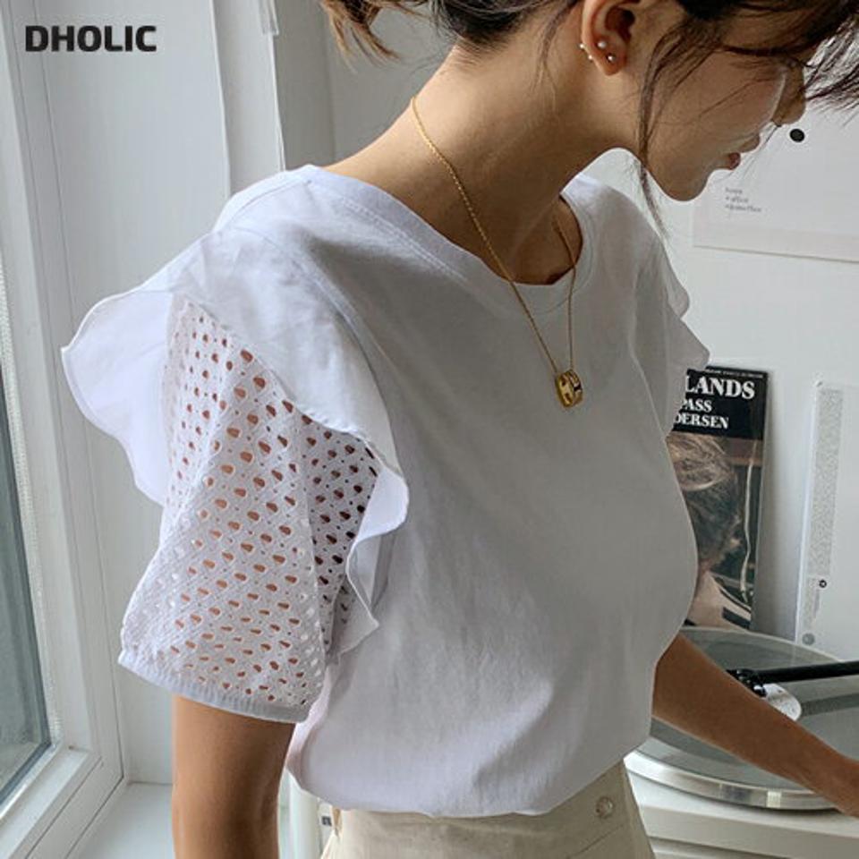 パンチングパフ半袖Tシャツ・全3色・t65597 レディース 【tops】 トップス Tシャツ 半袖 パフ袖 パフスリーブ パンチング メッシュ 透け感 フリル フリルスリーブ 可愛い かわいい シンプル 大人 春 夏 韓国ファッション