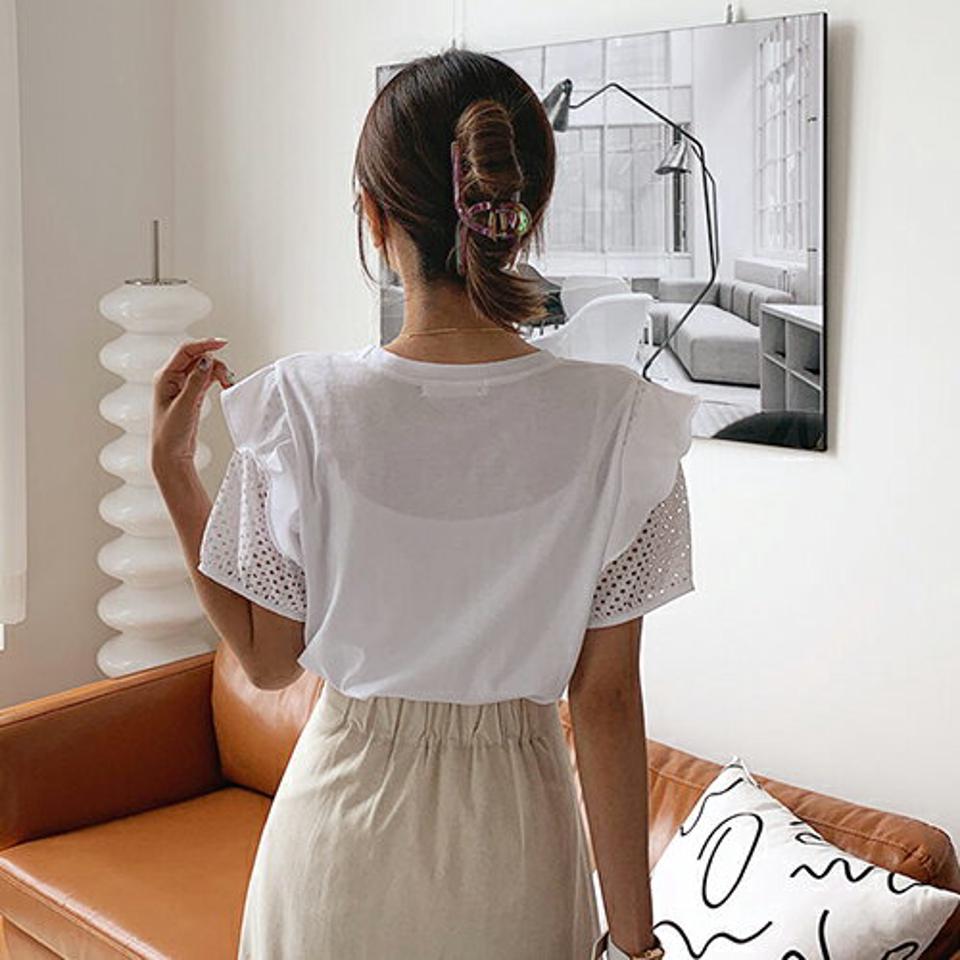 パンチングパフ半袖Tシャツ・全3色・t65597 レディース 【tops】 トップス Tシャツ 半袖 パフ袖 パフスリーブ パンチング メッシュ 透け感 フリル フリルスリーブ 可愛い かわいい シンプル 大人 春 夏 韓国ファッション