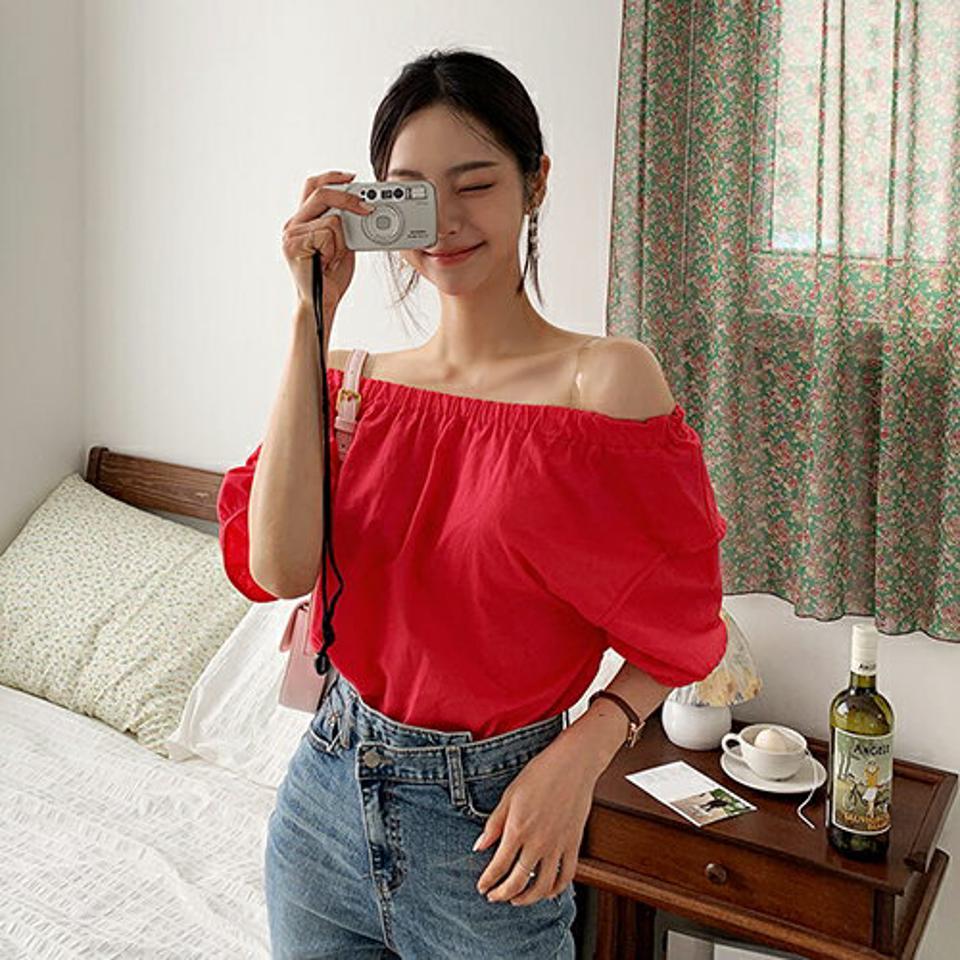 リネン混2WAYブラウス・全3色・t65598 レディース 【bl】 トップス ブラウス 半袖 ハーフスリーブ オフショルダー リネン 単色 無地 シンプル 可愛い かわいい パフ袖 パフスリーブ 春 夏 韓国 ファッション