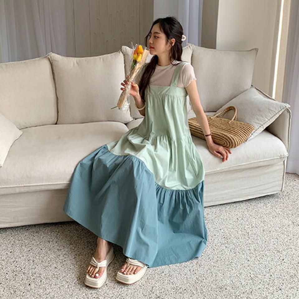 配色ティアードワンピース・全3色・t6560 レディース 【ops】 ワンピース ロング スリーブレス ノースリーブ ティアード 配色 レイヤード 可愛い かわいい カジュアル 春 夏 韓国 ファッション