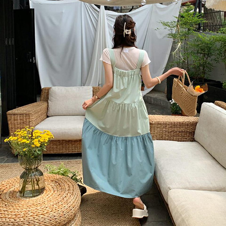 配色ティアードワンピース・全3色・t6560 レディース 【ops】 ワンピース ロング スリーブレス ノースリーブ ティアード 配色 レイヤード 可愛い かわいい カジュアル 春 夏 韓国 ファッション