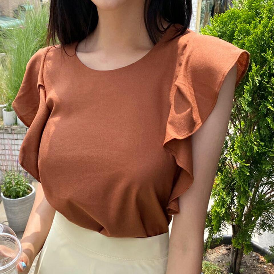 リネン混フリルブラウス・全3色・t64498 レディース 【bl】 トップス ブラウス フリル リネン スリーブレス ノースリーブ 可愛い かわいい 単色 シンプル 春 夏 韓国 ファッション NIJU