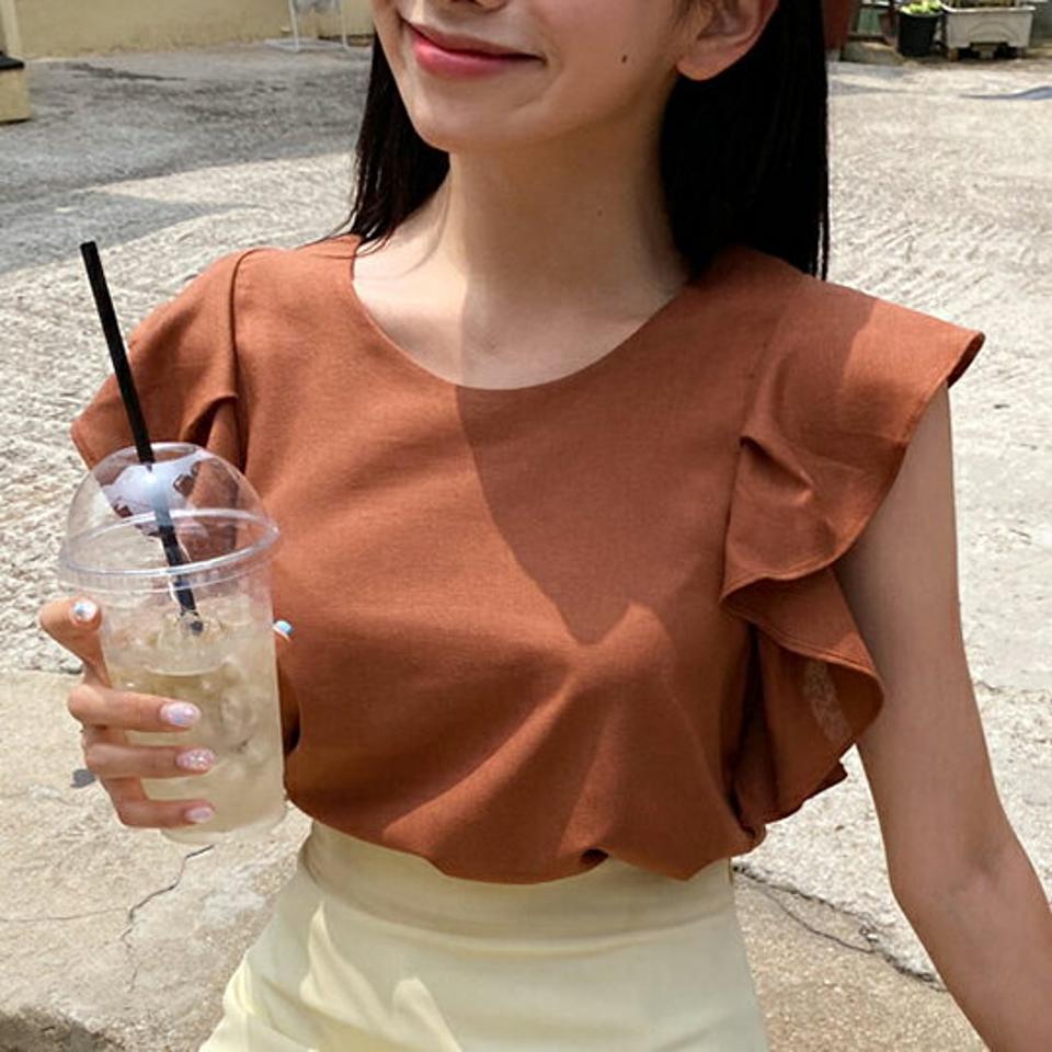 リネン混フリルブラウス・全3色・t64498 レディース 【bl】 トップス ブラウス フリル リネン スリーブレス ノースリーブ 可愛い かわいい 単色 シンプル 春 夏 韓国 ファッション NIJU