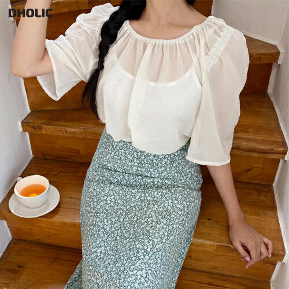 【新作10%OFF】ショルダーゴムブラウス・全3色・b64500 レディース 【bl】【トップス ブラウス 半袖 ハーフスリーブ 透け感 シアー シースルー 単色 無地 フェミニン 大人 かわいい 春 夏 韓国 ファッション】【NIJU】