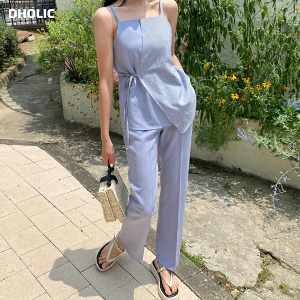 ストライプスリーブレス&スラックスSET・全2色・t64509 レディース 【pt】 セットアップ setup トップス スリーブレス ノースリーブ キャミソール スラックス パンツ ズボン ロングパンツ ストライプ柄 爽やか 春 夏 韓国 ファッション NIJU