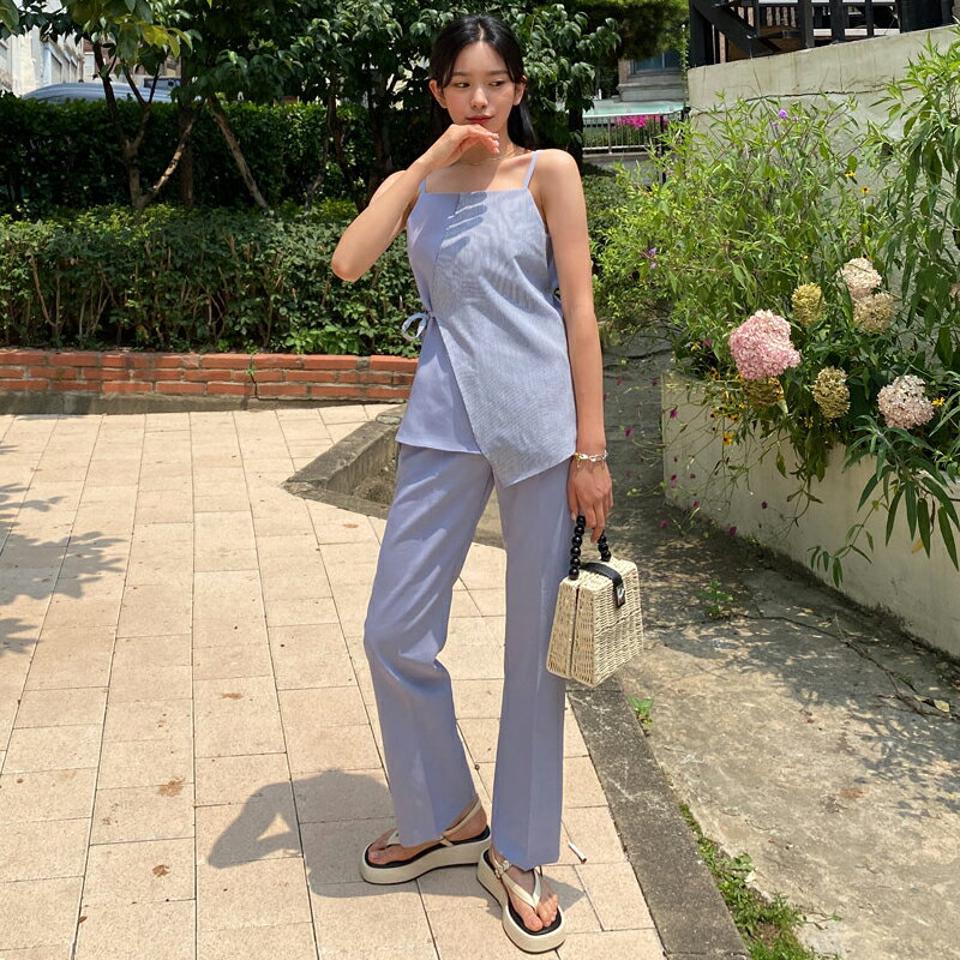 ストライプスリーブレス&スラックスSET・全2色・t64509 レディース 【pt】 セットアップ setup トップス スリーブレス ノースリーブ キャミソール スラックス パンツ ズボン ロングパンツ ストライプ柄 爽やか 春 夏 韓国 ファッション NIJU