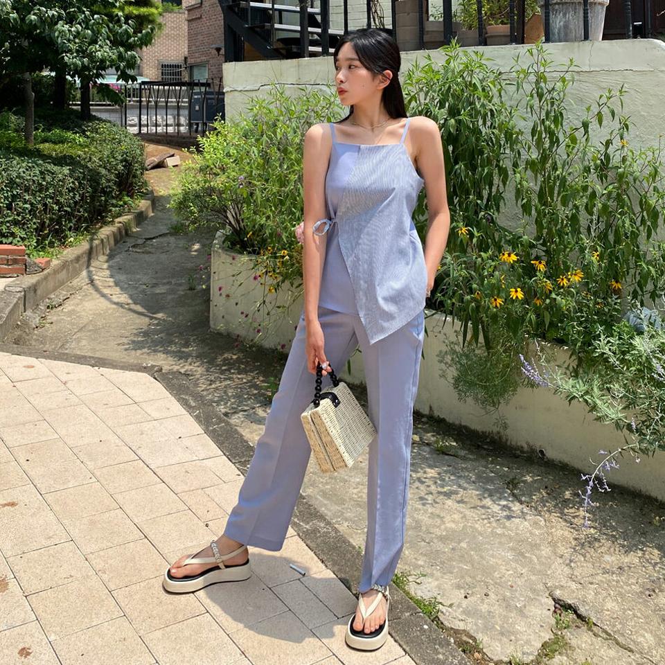 ストライプスリーブレス&スラックスSET・全2色・t64509 レディース 【pt】 セットアップ setup トップス スリーブレス ノースリーブ キャミソール スラックス パンツ ズボン ロングパンツ ストライプ柄 爽やか 春 夏 韓国 ファッション NIJU